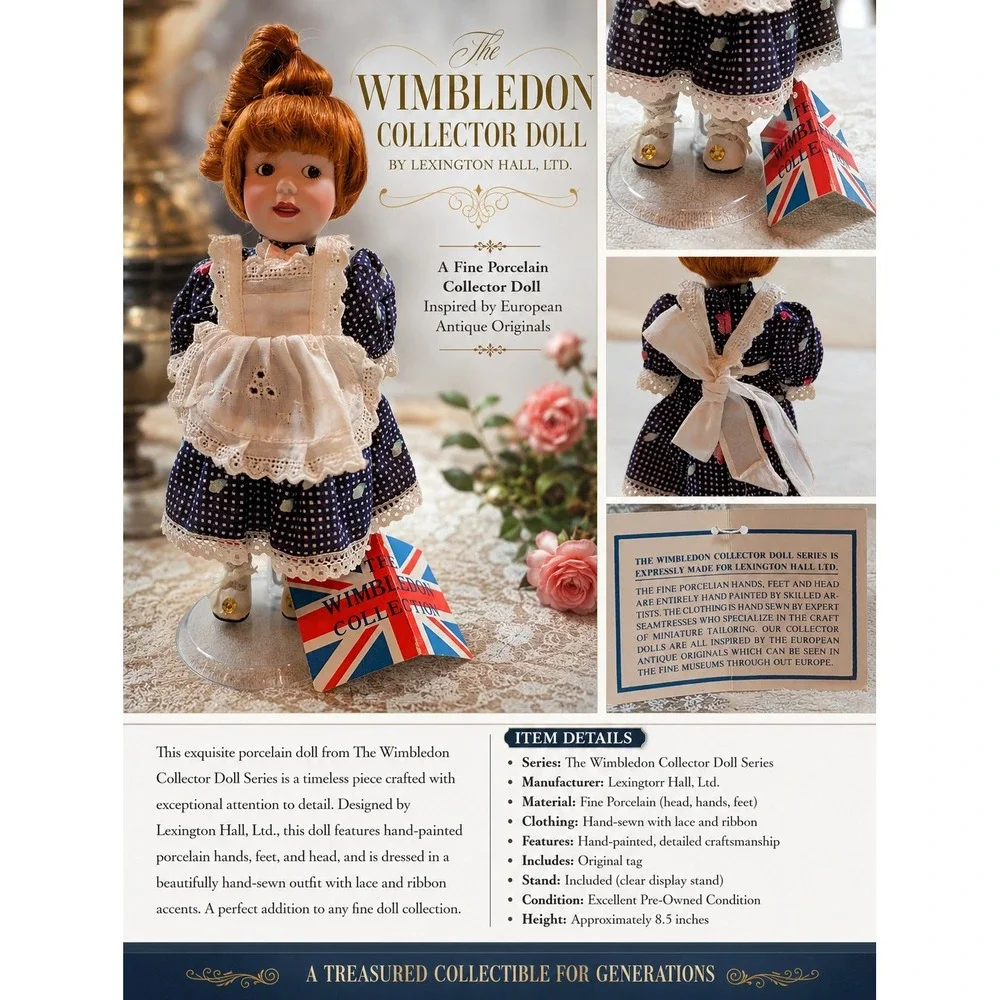 Wimbledon Collection Lexington Hall Porcelain Doll Red Hair Navy Polka Dot Dress